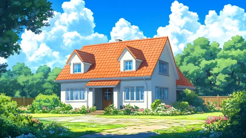 Sunny cottage stands amid lush garden and bright blue sky.