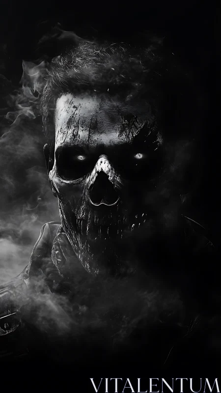 Skull-like metallic face emerges from smoke in low key lighting