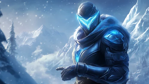 Armored futuristic figure in icy mountain landscape. Period.