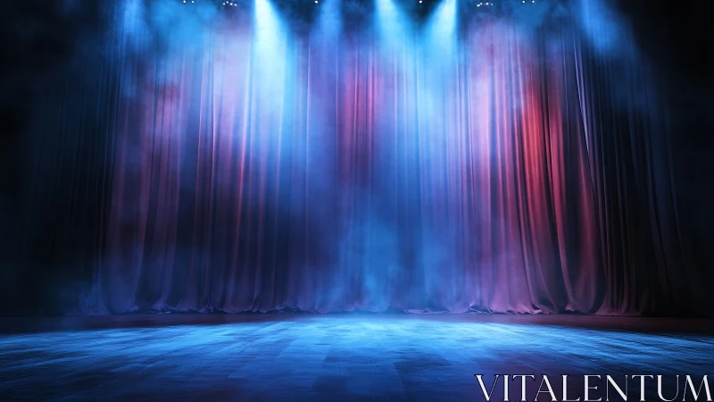 Empty theater stage under blue red spotlights and haze.