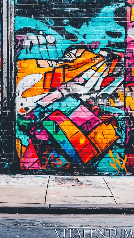 Brick wall displays layered multicolor urban graffiti mural