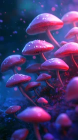 Luminous pink mushrooms in dreamy neon forest glow.