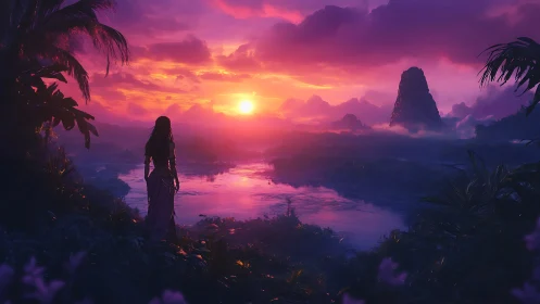 Lone figure overlooks vivid tropical river at dreamlike sunset.