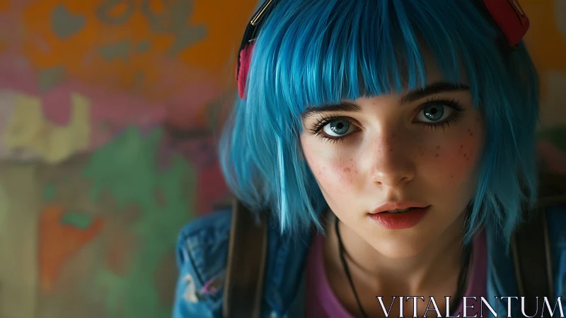 Young person with blue hair against soft abstract backdrop.