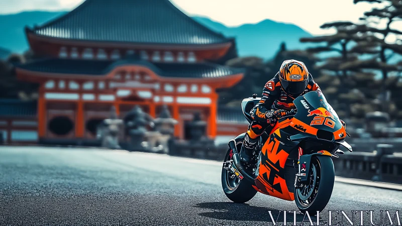 Racing motorcycle leans through temple approach with compressed telephoto depth