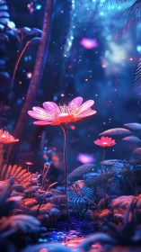 Starlit neon blossom conducts quiet symphony in midnight grove