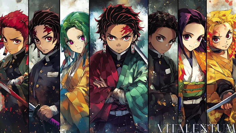 Blazing anime swordsmen stand in fractured elemental light.