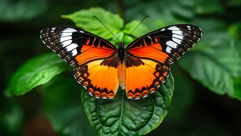 Orange black butterfly spreads vivid wings on green leaf.