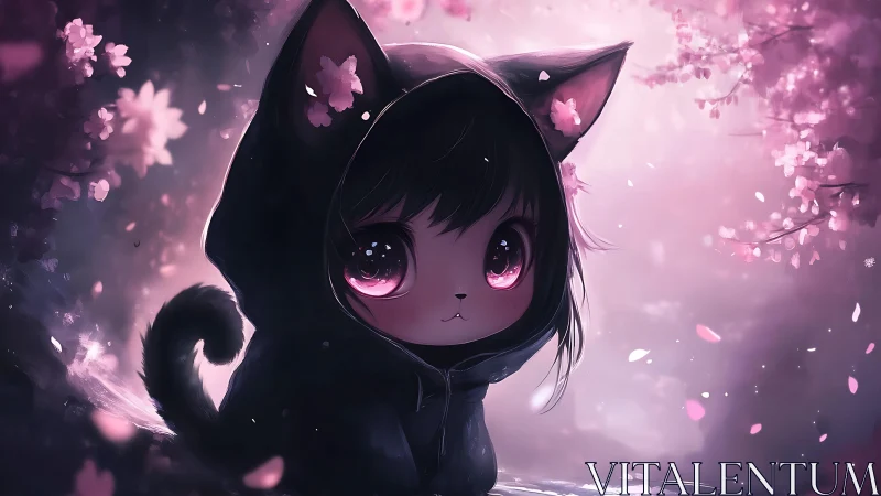Soft-eyed neko child rests beneath drifting cherry petals