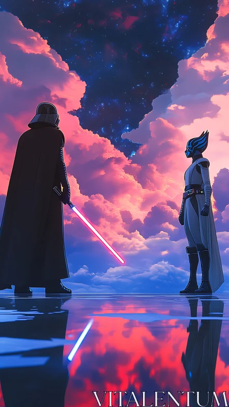 Neon-lit duel between masked warrior and alien under cosmic sky.