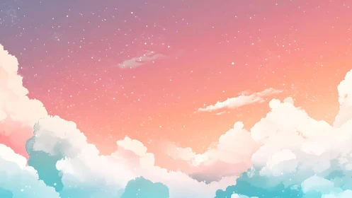 Pastel sunset sky with fluffy clouds and soft stars.