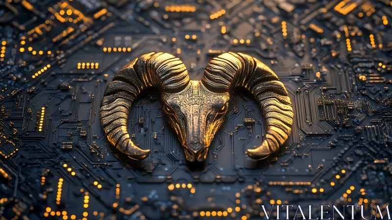 Metallic ram skull is positioned on illuminated circuit board