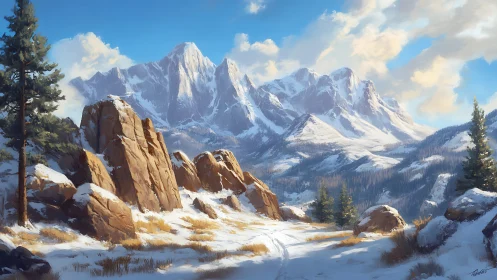 Snowlit mountain range with rocky pines under clear sky.