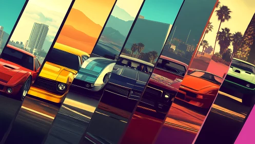 Sunlit muscle cars line up in bold, colorful city slices