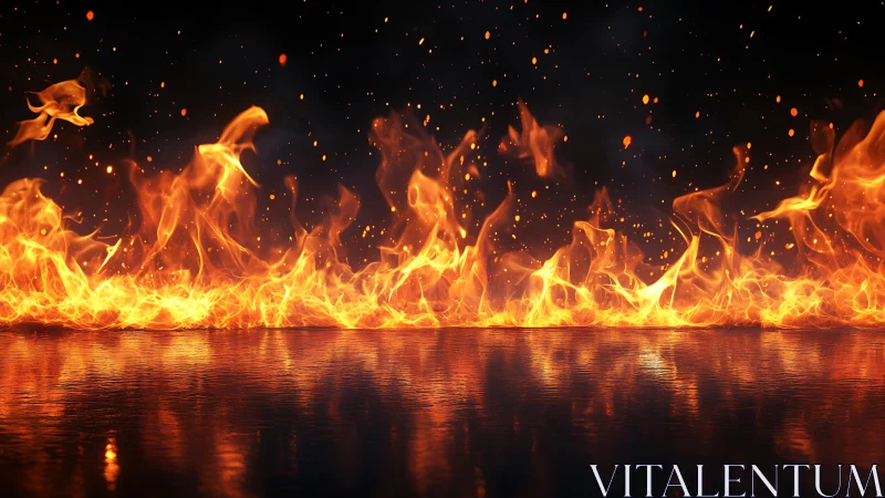 Turbulent flame dynamics with reflective water surface and particle dispersion.