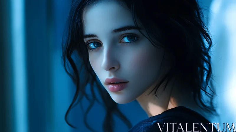 Digital portrait in cool blue window light, soft focus mood.
