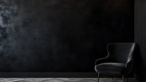Monochrome lounge corner with matte black wall and velvet chair