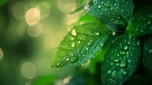 Green leaf macro with fresh raindrops and soft bokeh background.