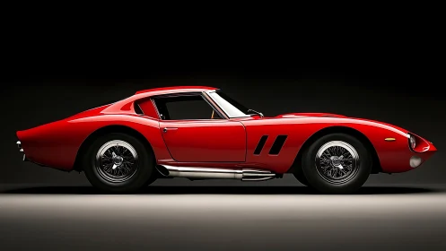 Scarlet vintage racer prowls a studio of sculpted shadows.