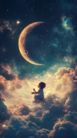 Dreaming child reaches for crescent moon in glowing clouds