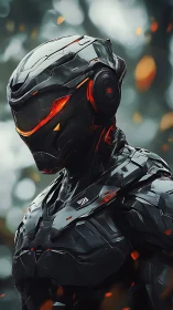 Silent ember-lit cyber warrior paused between two worlds.