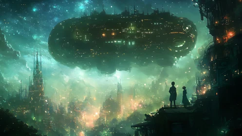 Massive starship hovers over dense neon-lit sci fi city