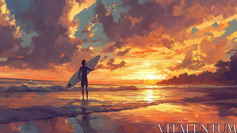 Surfer silhouette studies golden sunset over reflective shore.