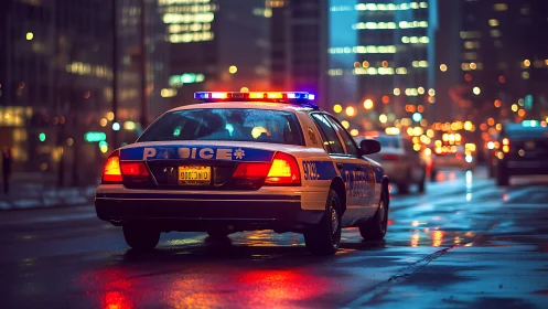 City rain turns siren lights into neon river reflections