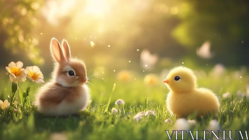 Young bunny and chick in sunlit spring meadow scene.