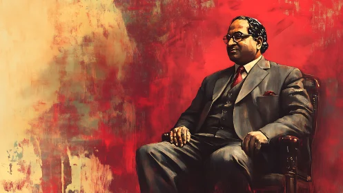 Digital painting portrait with seated figure on red field.