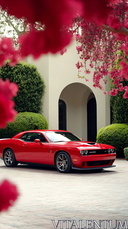 Red muscle car shines amid blooming pink garden archway.