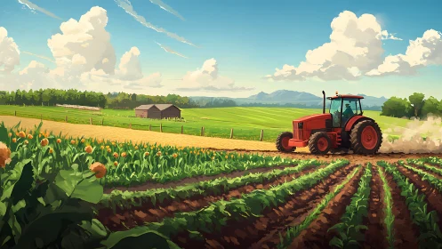 Precision-tilled farmland with red tractor under cumulus sky.