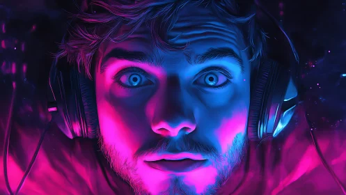 Neon rim-lit gamer portrait with intense cyan-magenta contrast