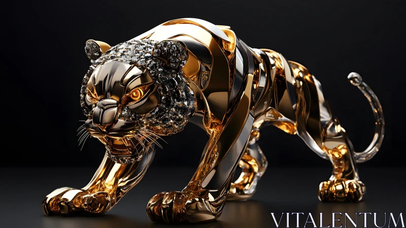 Luxurious golden and diamond tiger sculpture, hyper-realistic style.