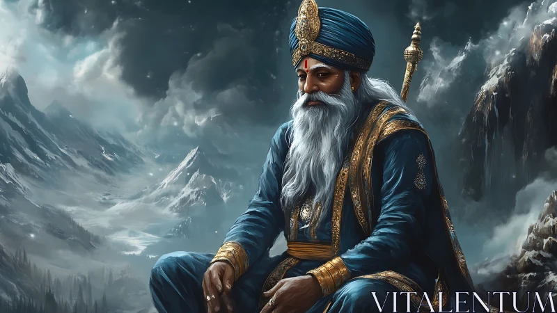 Snowbound sage king broods beneath thundercloud crowns.