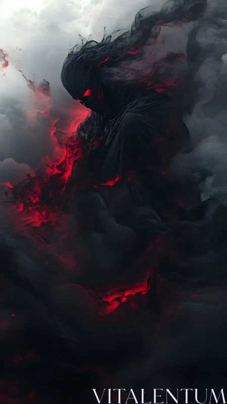 Shadow-like humanoid form with red energy in dark clouds.