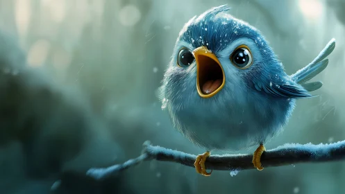 Adorable blue cartoon bird singing on snowy branch, digital art.