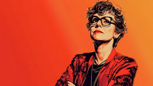 Stylized portrait of woman with glasses on orange background.