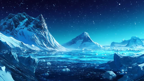 Starlit ice mountains rise over a glowing polar seascape