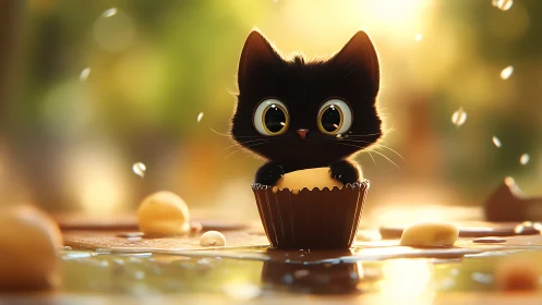Bright-eyed black kitten cuddled into a tiny candy cup.