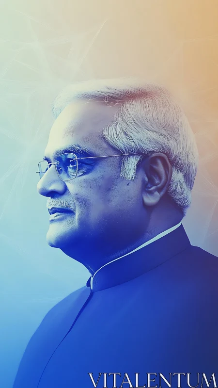 Side profile portrait of older man in blue gradient lighting