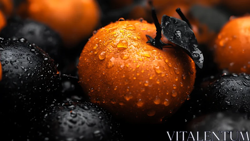 Water droplets cover orange citrus among dark fruit units