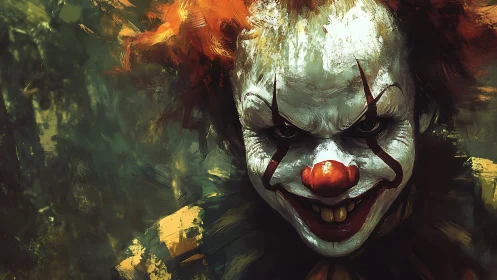 Sinister circus clown glares with twisted, menacing grin.