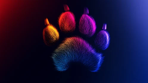 Neon fur-textured paw print rendered with volumetric lighting