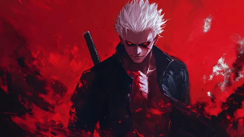 Crimson storm swordsman stepping from the shadows of fire.