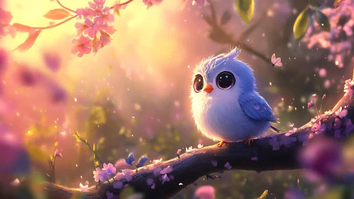 Cute fluffy blue bird on blossom branch in magical sunset, digital art.