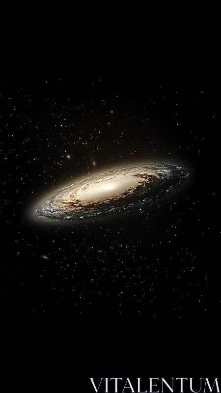 Oblique spiral galaxy disk with luminous bulge and dust lanes.