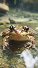 Macro portrait frog resting in shallow clear water.