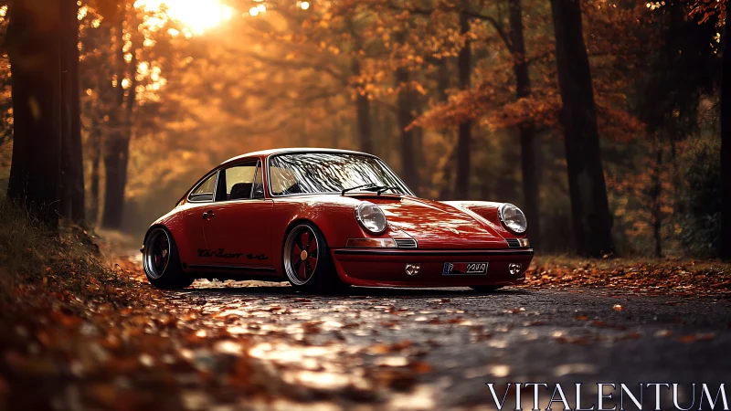 Classic red 1970s sports coupe on forest road at sunset