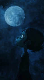Cartoon child in profile gazing at full moon in night sky.